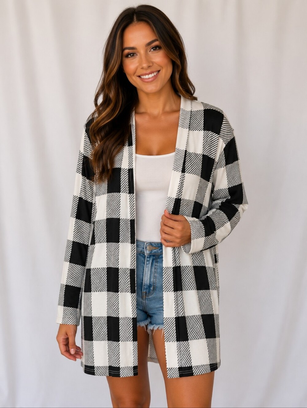 Black & White Buffalo Check Open Cardigan